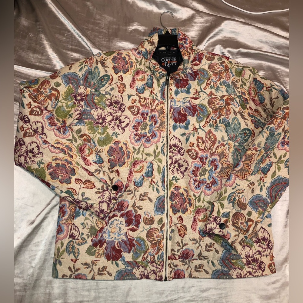 Copper Rivet Unisex Floral Bomber Jacket in Cream Multi Color